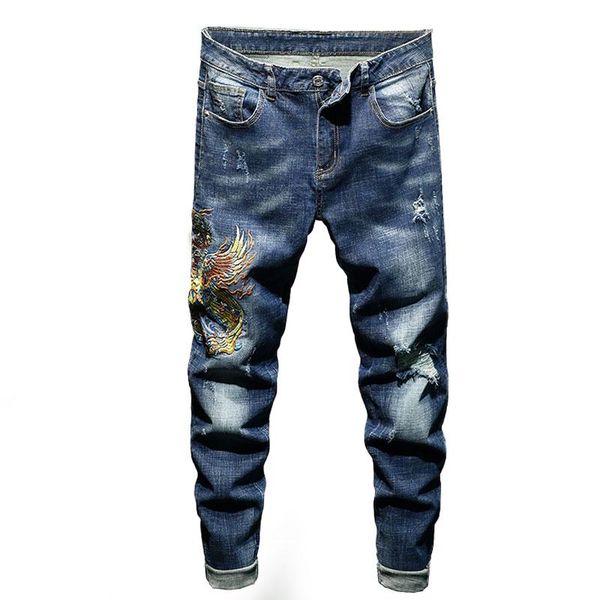 

men's jeans slim mens washed vintage frayed ripped hole phoenix embroidery male fashion streetwear motorcycle denim trousers, Blue