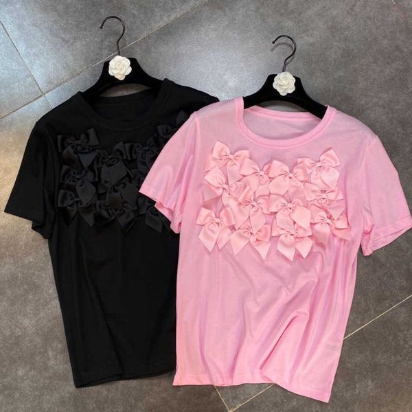 

fabpop summer short sleeve o neck bow flower t shirt women streetwear gb082 210709, White
