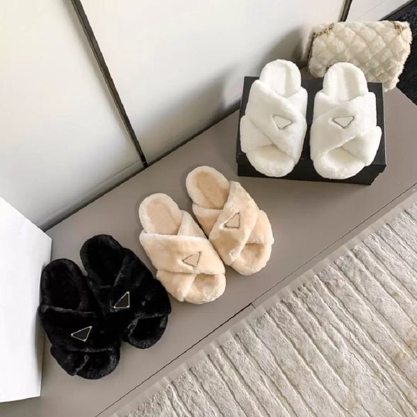 

designer slippers fur slippers enameled triangles shoes cross over wool slide winter soft warm luxuary fluffy furry letters fuzzy girl flip, Black