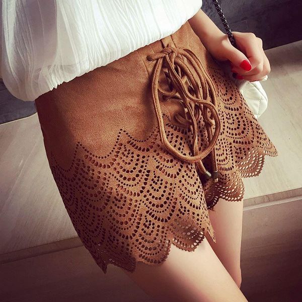 

women's vintage high waist women brown black suede shorts mini faux leather short hollow out trousers, White;black