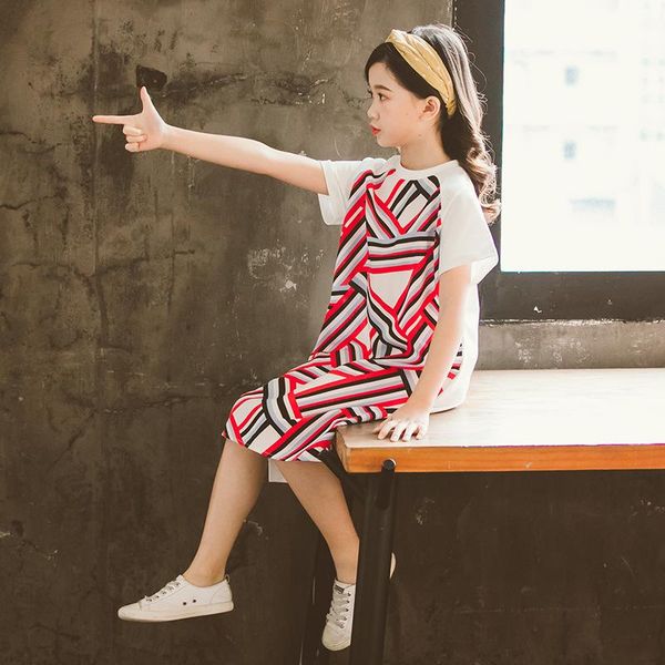 

parent-kids summer short sleeves dress children's combed cotton irregular stripe print o-neck kids cute&all-match clothing girl's, Red;yellow