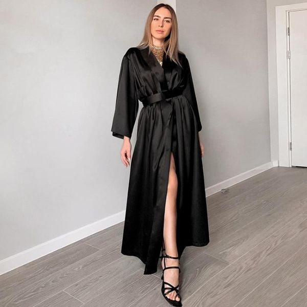 

women's sleepwear solid color silk pajamas robe nightie flare sleeve bathrobe for women nightgown autumn gown nightwear home pajama, Black;red