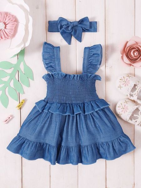 

baby ruffle trim shirred dress & headband she, Red;yellow