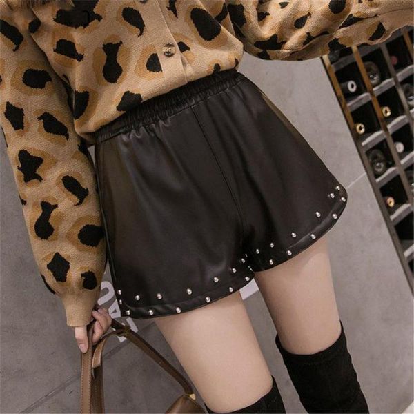 

high waist faux leather shorts women beading a line wide leg short summer clothes women's, White;black
