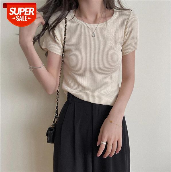 

summer vertical short-sleeved ice silk sweater women ins tide net red niche design clothes #gz5w, Black