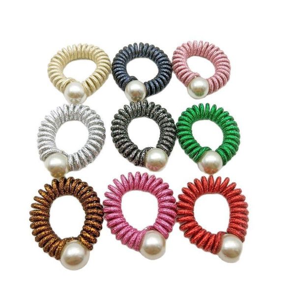 

hair accessories lot 4pcs cloth wrap telephone wire line rubber band elastic man-made pearl hairband rope scrunchy headbands gum size 4 cm, Slivery;white