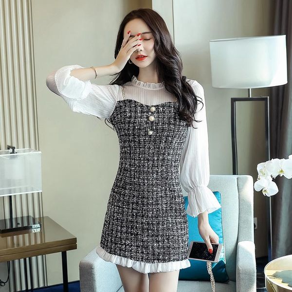 

casual dresses mozuleva chiffon lantern sleeve patchowrk tweed dress elegant gold chain pearls ruffles ladies 1 piece short party, Black;gray