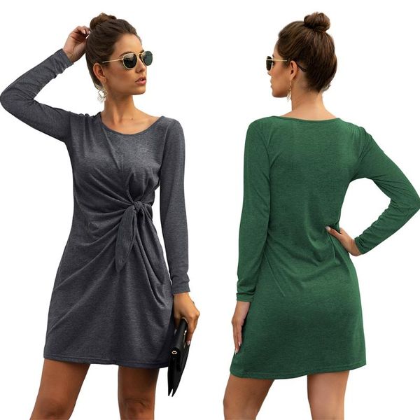 

women long sleeve knee length dress casual knotted tie waist slim pullover dresses, Black;gray