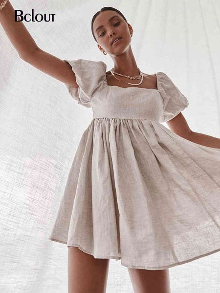 

bclout vintage square collar short dress woman 2021 elegant high waist a-line dresses spring puff sleeve casual vestido, Black;gray