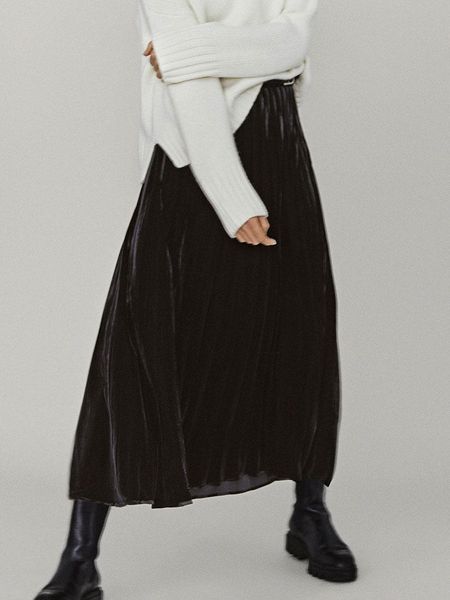 

skirts women skirt high waist velvet pleated mid-length a-line women's, Black