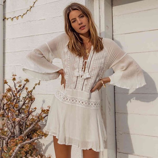 

women's swimwear chiffon lace beach cover up women summer dress bikini swimsuit white short skirt trumpet sleeves blouse 0gnj, White;black