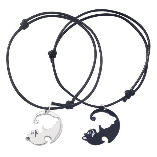 

charm bracelets 2 pcs set jewelry black and white cat bracelet couple stitching pendant fashion valentine's day anniversary gift for lo, Golden;silver