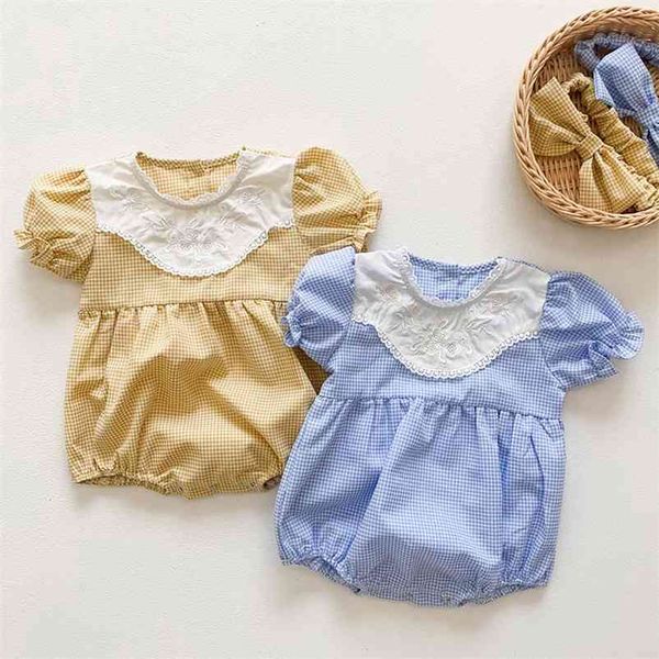 

baby girl short sleeve grid rompers summer kids born clothes 210521, Blue