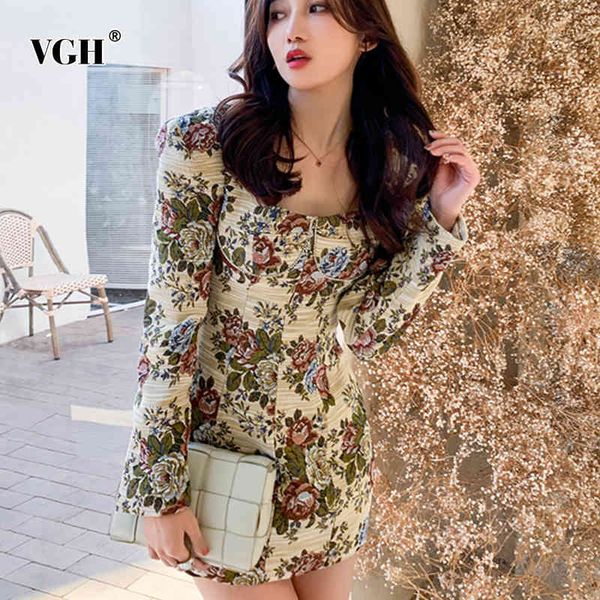 

vgh vintage slim print dress for women square collar long sleeve high waist hit color temperament dresses female fashion new 210421, Black;gray