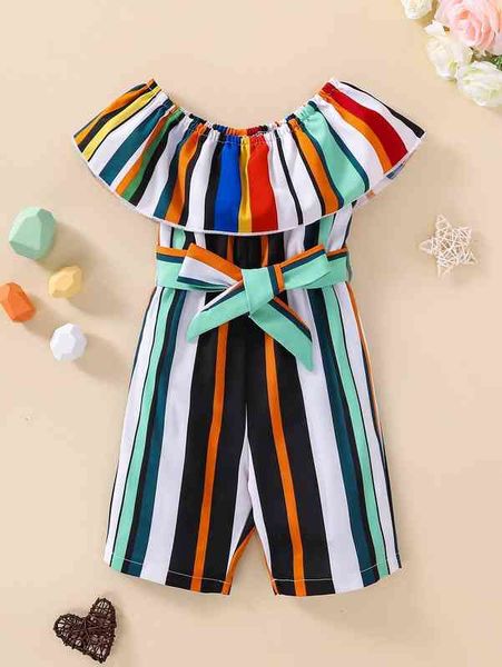 

baby block striped ruffle trim belted wide leg jumpsuit she, Blue