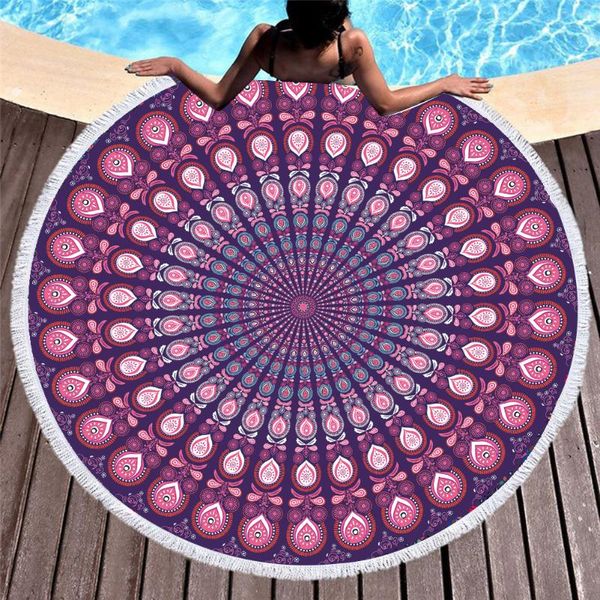 

towel mandala retro printed round beach microfiber swimming pool cushion quick-drying with tassel t607