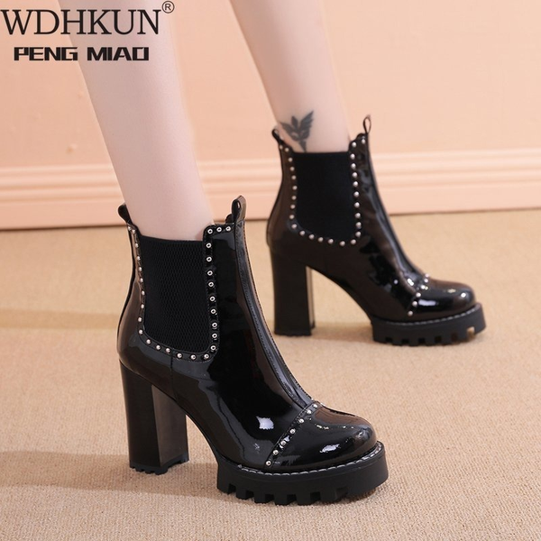 

women patent leather ankle boots autumn winter womens lace up boots female platform super high heels ladies round toe shoes, Black