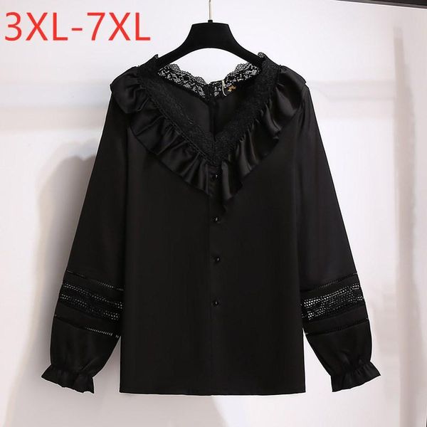 

plus size t-shirt 2021 spring autumn for women large blouse long sleeve black lace v-neck designer shirt 7xl