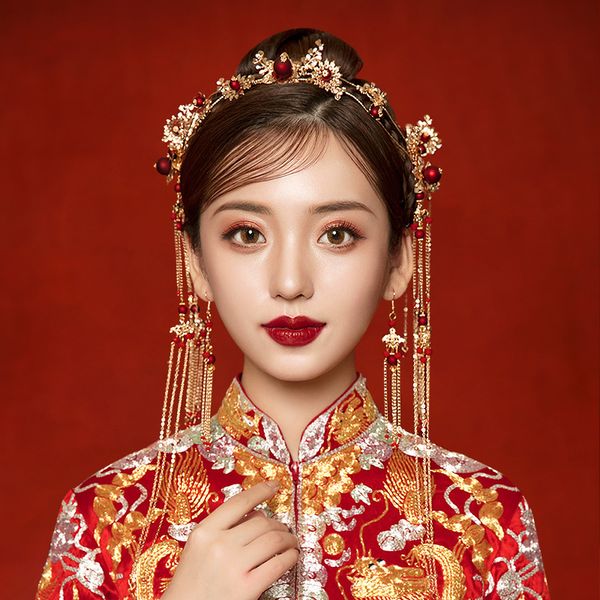 

2021 new bride xiuhe headdress chinese wedding phoenix crown step shake toast dress hair ornament antique hairpin, Slivery;golden