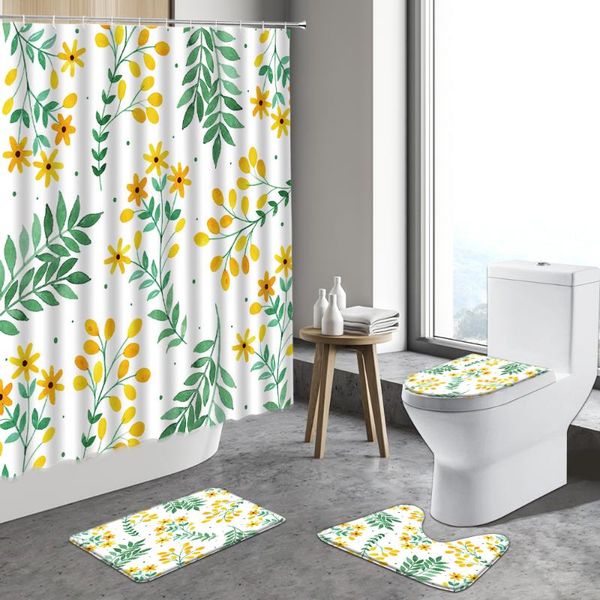 

shower curtains green leaf flower plant floral curtain cartoon hand-painted butterfly foliage bathroom decor set non-slip rug mat
