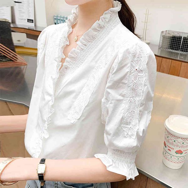 

women's blouses & shirts fashion short sleeve white shirt korean ruffle women v neck patchwork lace blouse