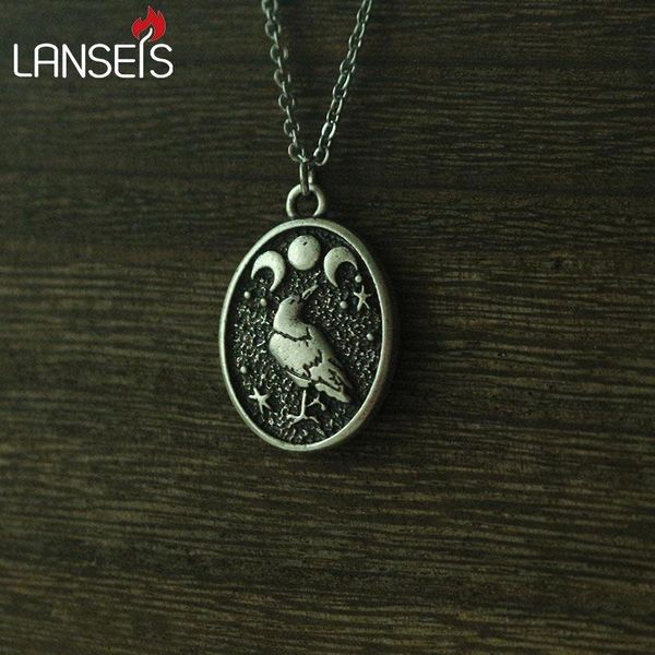 

pendant necklaces lanseis 20pcs black raven bird in moon crow and triple vintage necklace women man nart handmade jewelry, Silver