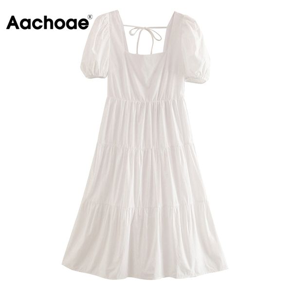 

aachoae women a line white cotton midi dress bow tie hollow out sweet summer dresses square collar short sleeve casual sundress 210413, Black;gray