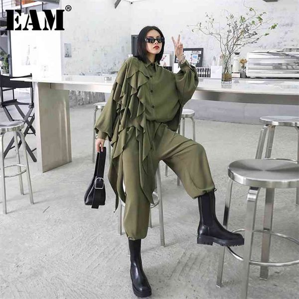 

[eam] wide leg pants ruffles big size two piece suit lapel long sleeve black loose women fashion spring autumn 1z84706 210819, White