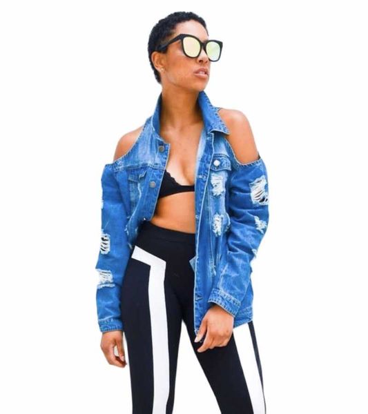 

women's jackets autumn american net red fashion ripped strapless denim coat women cowboy jacket, Black;brown