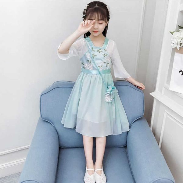 

girl summer dress 2021 new antique han clothing big children's super dress sweet and elegant chiffon dress for 12-year-old girl, Red;yellow