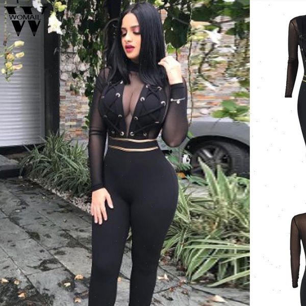 

summer black bodycon womens jumpsuit lace long sleeve elegant mesh splicing club, Black;white