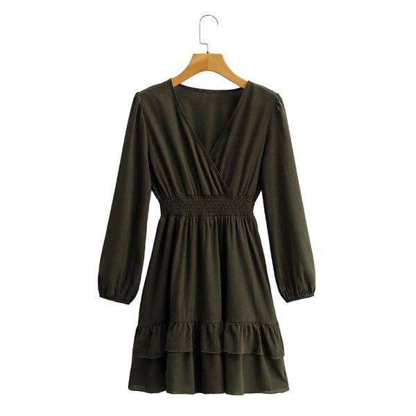 

spring women v neck long sleeve army green mini dress female cascading ruffle clothes casual lady vestido d7192 210430, Black;gray