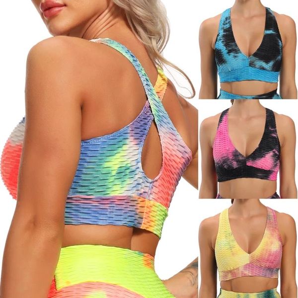 

tie dyed printing women fitness deep v neck wireless push up sports bra brassiere underwear workout female bubble bras yoga outfit