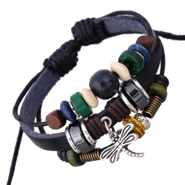

tennis vintage fashion multilayer leather bracelet alloy dragonfly beads charm wrap bangle wristbands casual punk jewelry for women men, Golden;silver