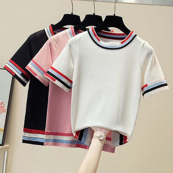 

women's t-shirt ljsxls color matching o-neck knitted women solid all-match casual short sleeve tshirt female summer clothes, White