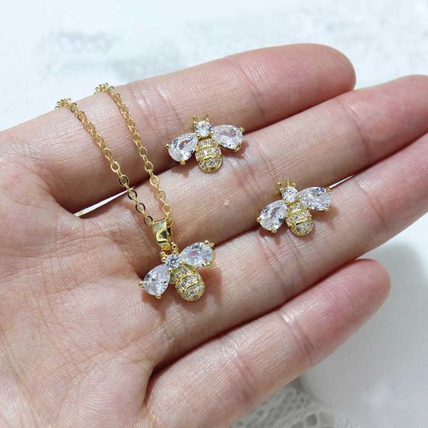 

real delicate 14k gold bee stud earrings for women elegant insect hanger chains jewelry set, Golden
