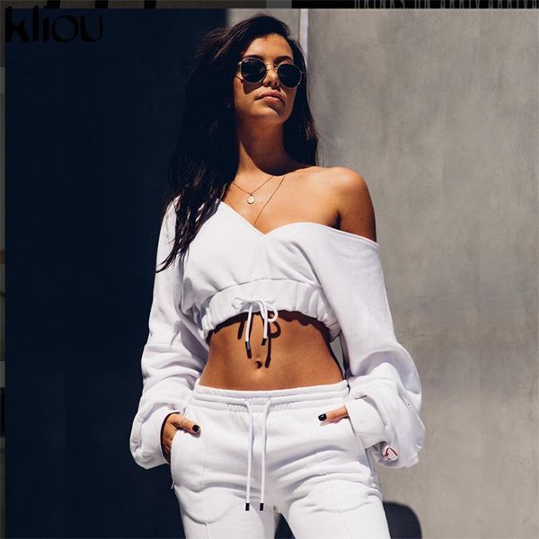 

women's hoodies & sweatshirts kliou new full sleeve solid white deep v-neck crop autumn winter fashion red letter embroidery, Black