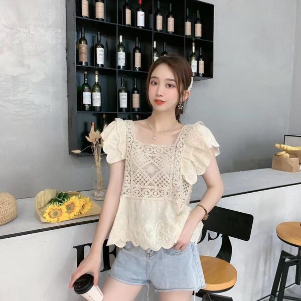

women's blouses & shirts womens lace blouse embroidery blusas solid color hollow out woman tshirts drop women 2021 summer, White