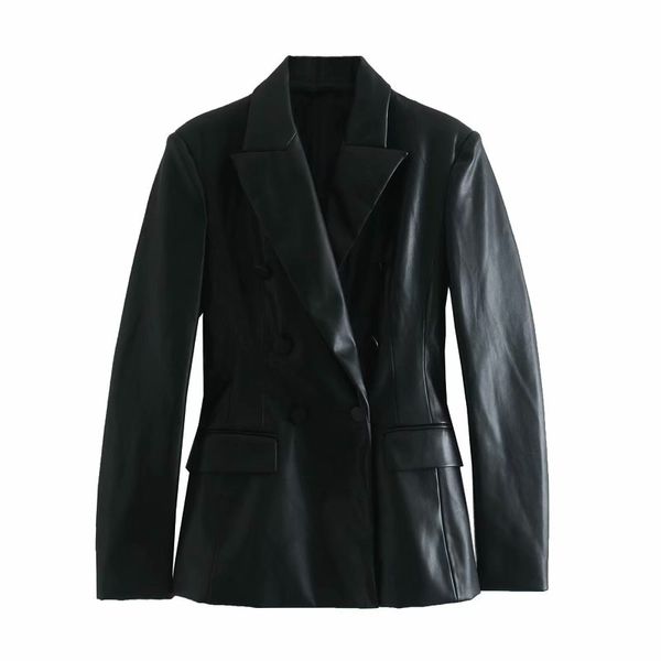Serin Kadınlar PU Deri Blazer Sonbahar Moda Bayanlar Takım Elbise Siyah Rahat Cepler Kadın Ceketler Ince Kızlar Ceket 210430