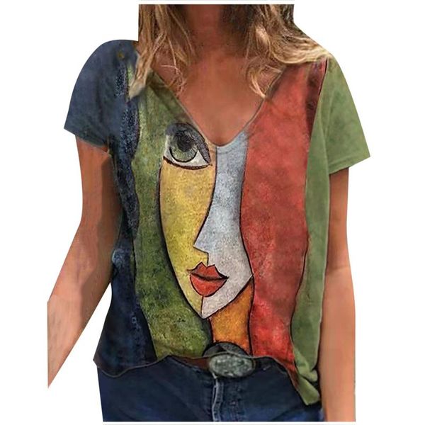

women's t-shirt v neck tshirt summer casual oversize print shirt loose vintage female tee streetwear y2k short sleeve clothes, White