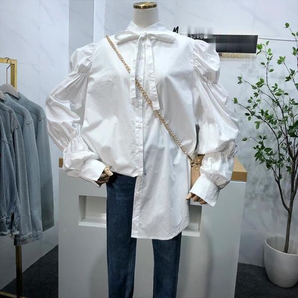 

puff sleeve solid color single women blouses breasted casual loose female korean vintage chic blusas mujer, White