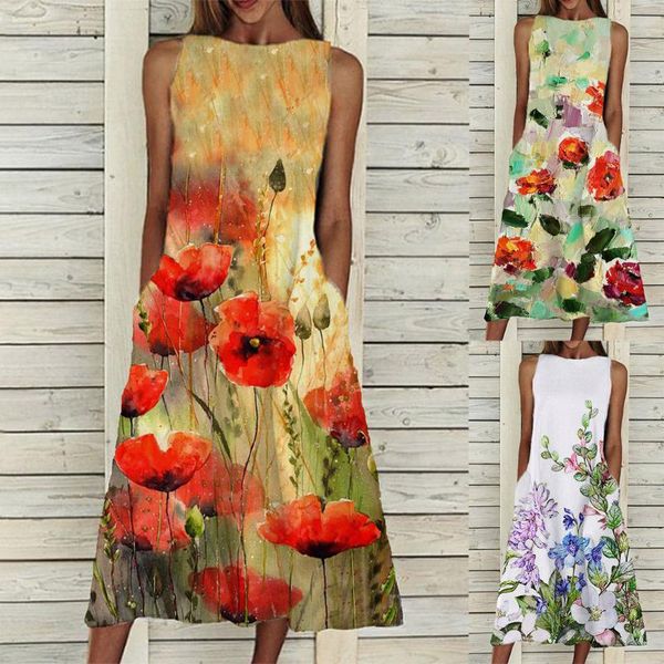 

casual dresses long women fashion loose sleeveless pocket printing dress o-neck femme vintage summer holiday 2021 vestidos, Black;gray