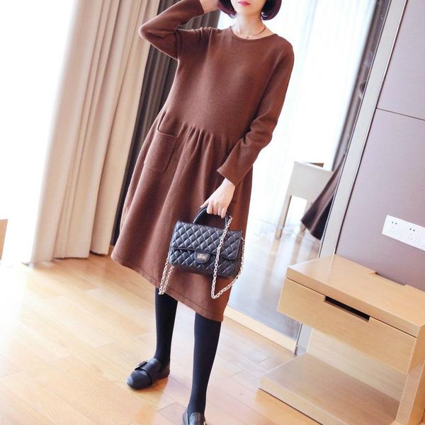

casual dresses solid autumn winter vintage dress women long sleeve loose knitted sweater ladies black modis midi rope, Black;gray