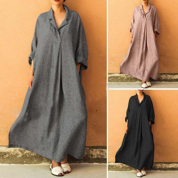 

casual dresses women long sleeve cross v neck maxi dress plus size full length shirt, Black;gray