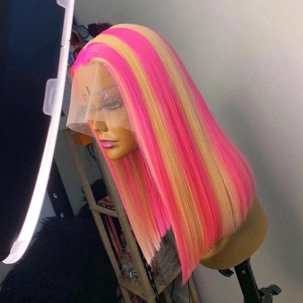 

pink highlight lace front human hair wigs brown short bob wig straight brazilian 150density transparent closure, Black;brown
