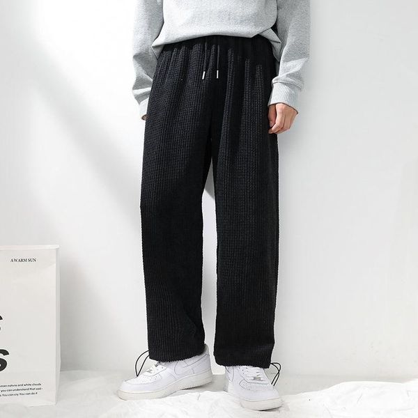 

men's pants 2021 autumn fashion solid color casual corduroy loose drawstring male sweatpants elastic waist trouser, Black