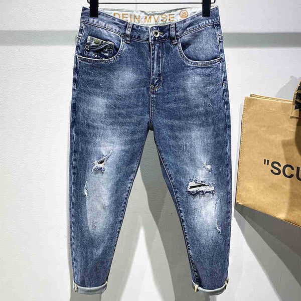

men's jeans jeans skinny blue fashion men pure color ripped hole design simple denim cropped trousers ud10