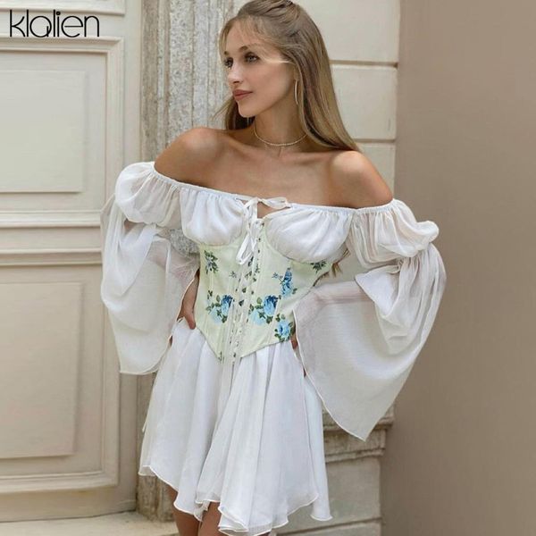 

women summer elegant french romantic solid white pink high waist flare sleeve slash neck a-line mini dresses newplus size clothes, Black;gray