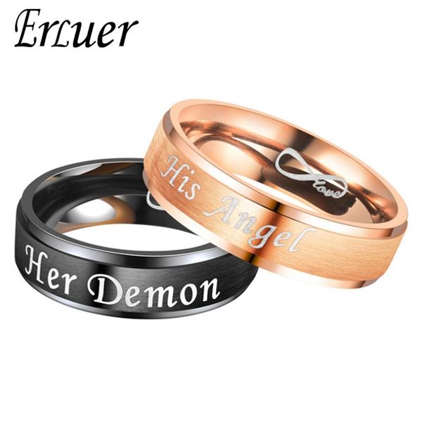 

wedding rings erluer angel devil couple stainless steel fashion personality men's romantic valentine's day gift ring for women, Slivery;golden