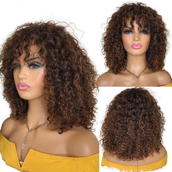 Cor marrom Brazilian Remy Curly Cabelo Completo Peruca Com Bangs 180% Densidade De Profunda Onda De Perucas Sintéticas De Laço Sintético Para Mulheres Negras